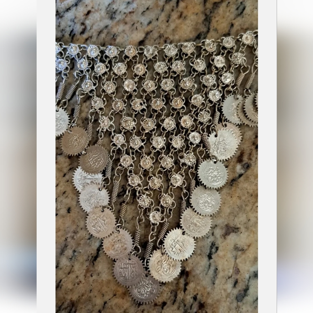 Silver Plated Bib Ethnic Tribal Dancing Coin Necklace or Belt Adjustable Boho